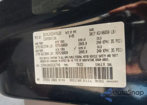 2005 Dodge Ram 1500 Slt/Laramie из США, поврежденный, VIN 1D7HA18N65S367749